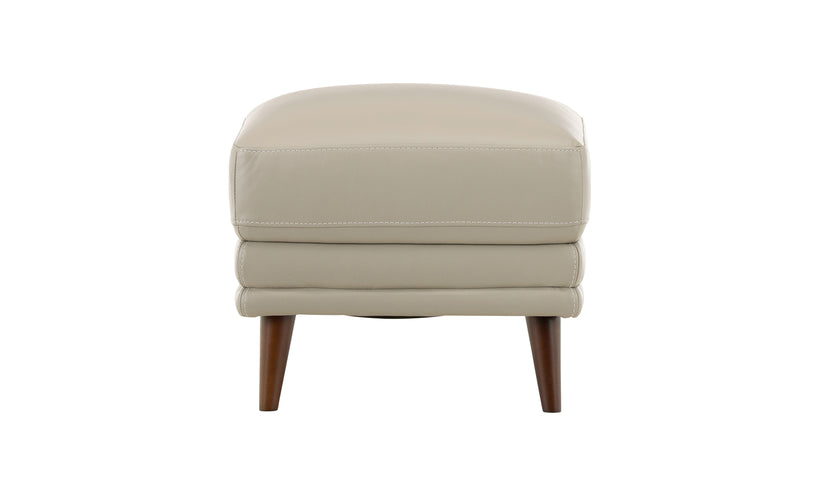 Beige ottoman with wooden legs on a white background